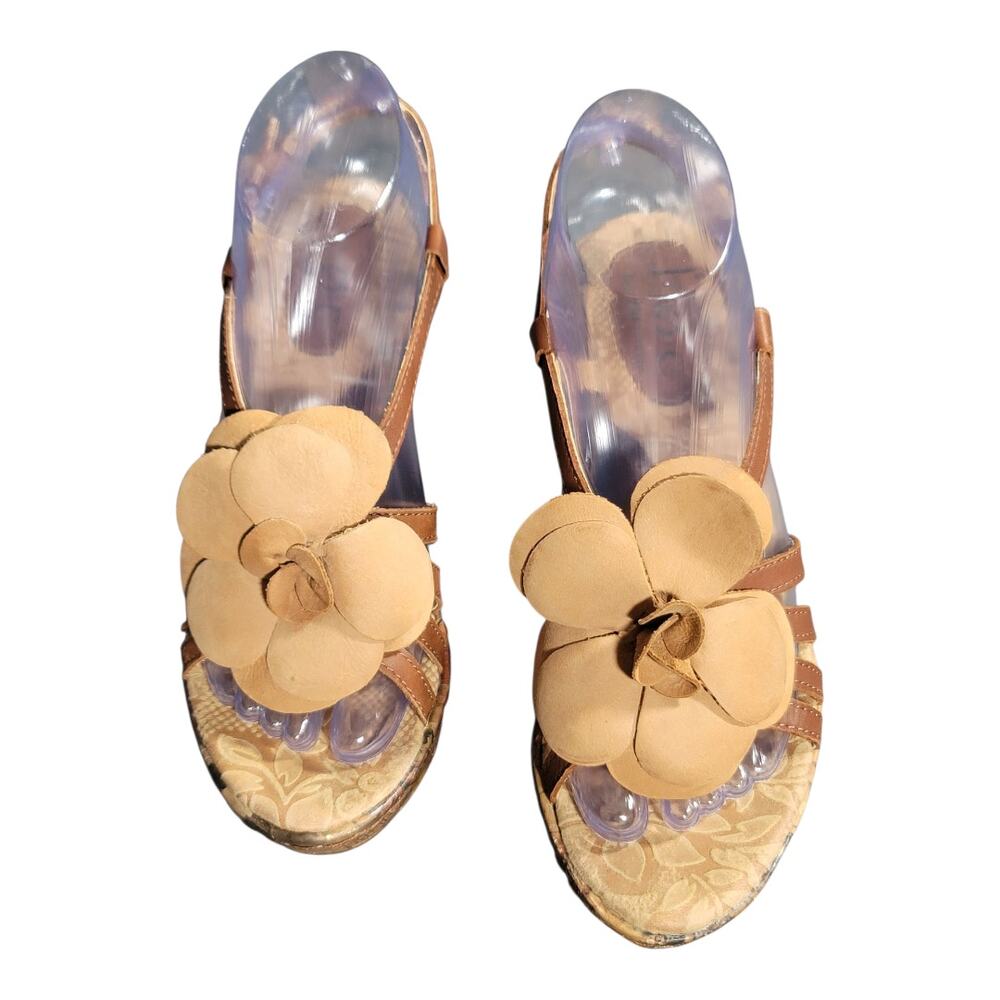 BOC Born‎ Concept Women's Leather Floral Platform Slingback Sandals Brown Sz 7